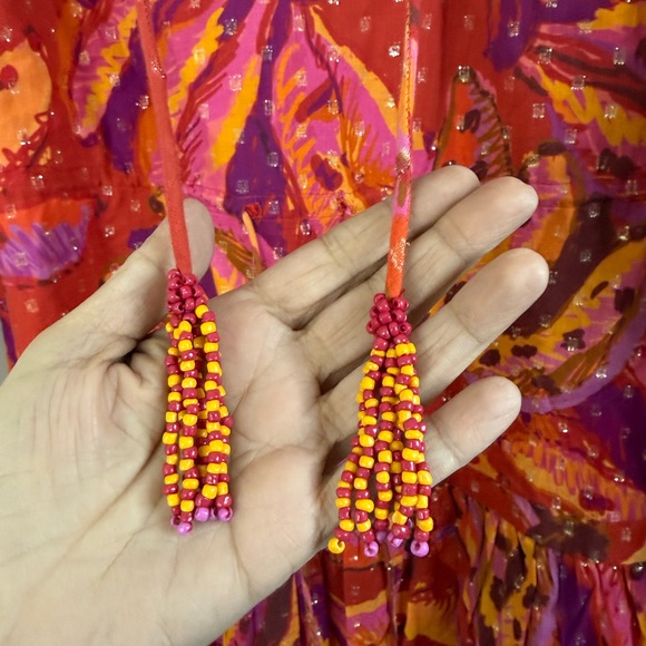 Farm Rio banana juice, pink and red, tropical, long sleeve tiered, mini dress L - Picture 6 of 12